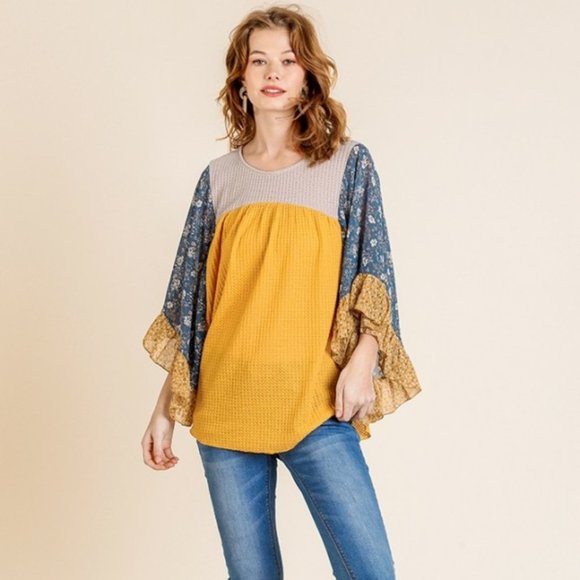 Umgee Golden Floral Mixed Ruffle Bell Sleeve Tunic - Picture 1 of 5